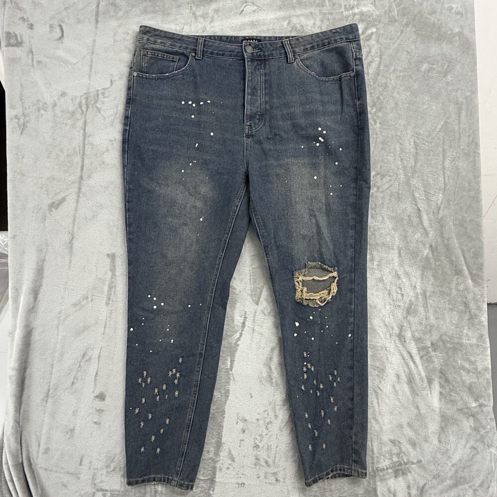 BoohooMAN Skinny Distressed Splatter Paint Jeans Mens 42 (Fits 44x30) Ripped